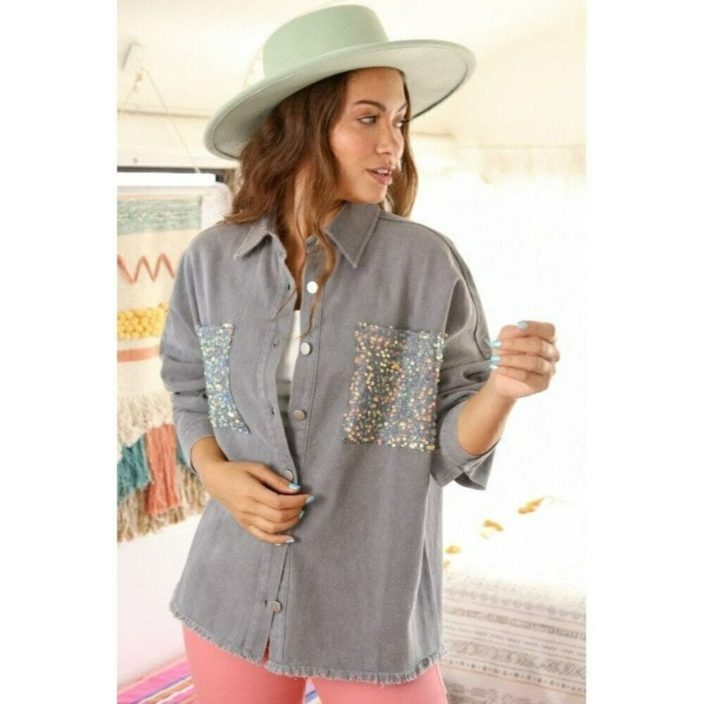 Cowgirl State of Mind Sequin Shacket in Grey - Picture 6 of 7
